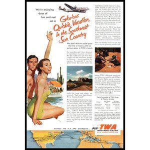 1953 TWA Airlines Quickie Vacation Sun Country Vintage Print Ad Cactus Wall Art